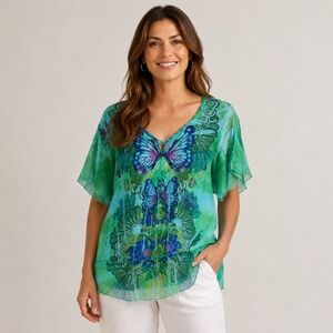 Y2K One World‎ Top Womens M Butterfly Peacock Green Blue Fairy Hippie Boho